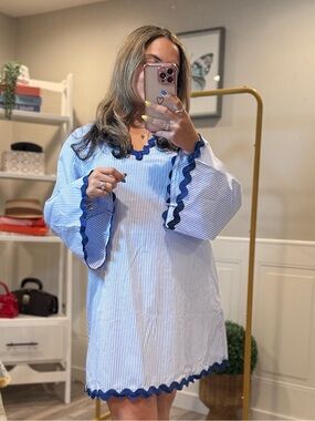 Blue White Striped Ric Rac Beach Cover Up Resort Kaftan Dress NWT sizes S,M